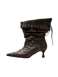 PINJIAHUI | Pointed-Toe Slouchy Lace-Up Buckle Mid-Calf Boots