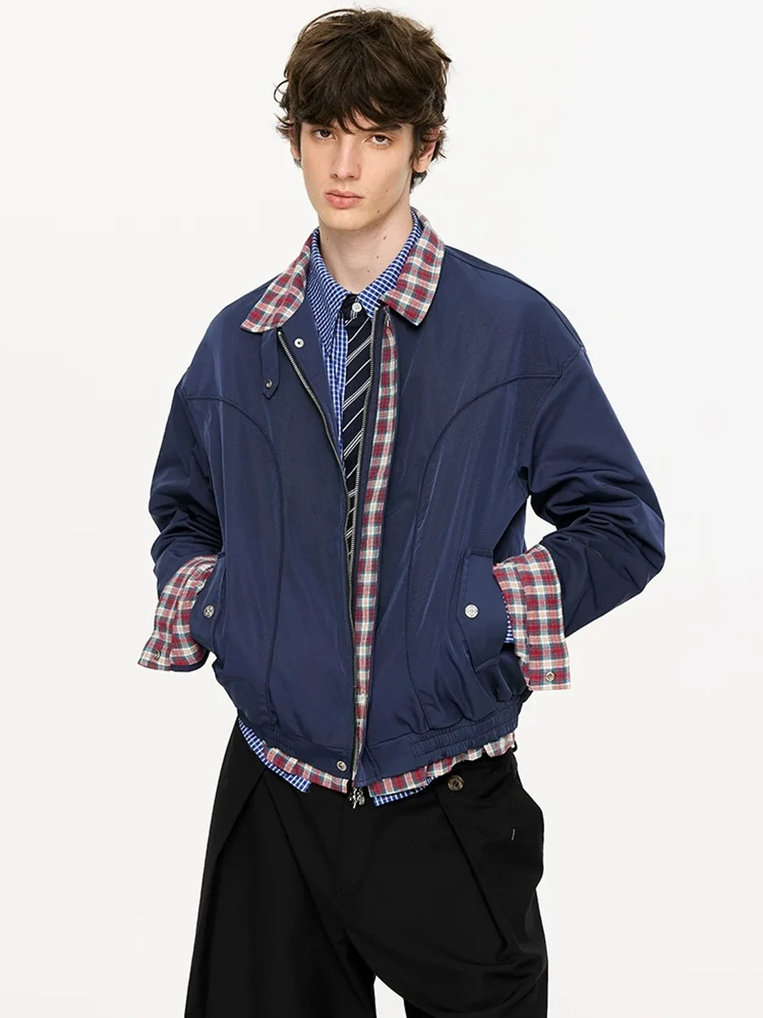 KREATE | Checkered Stand-Collar Harrington Jacket