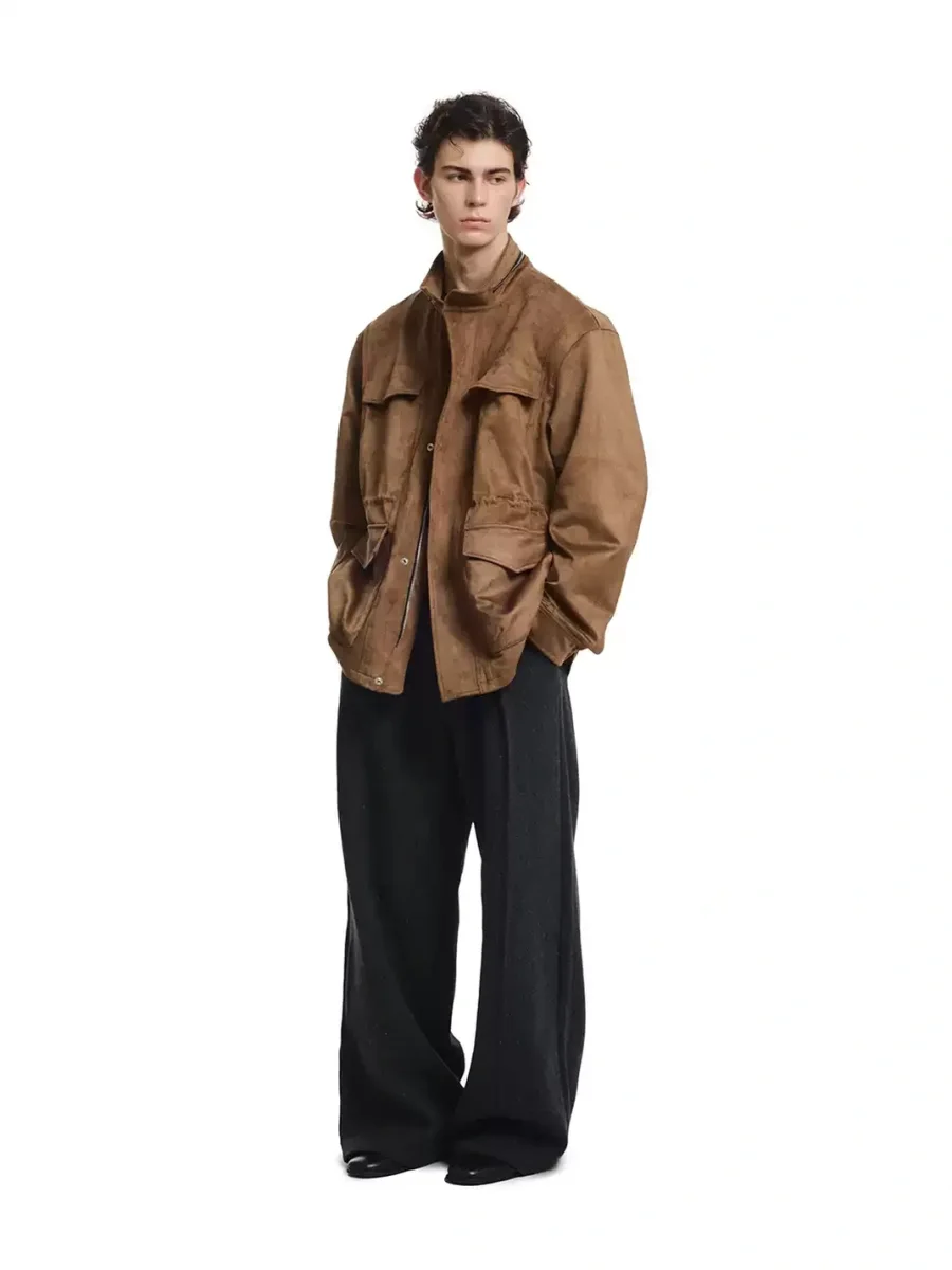KREATE | Suede-Texture Stand-Collar Multi-Pocket Zip Jacket - 3