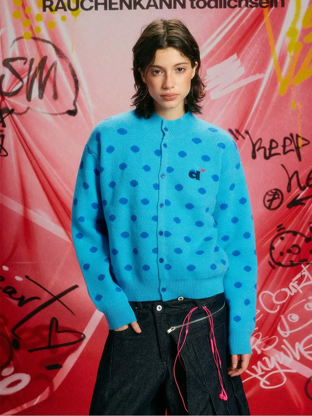 DONSMOKE | Polka Dot Stand Collar Knit Cardigan