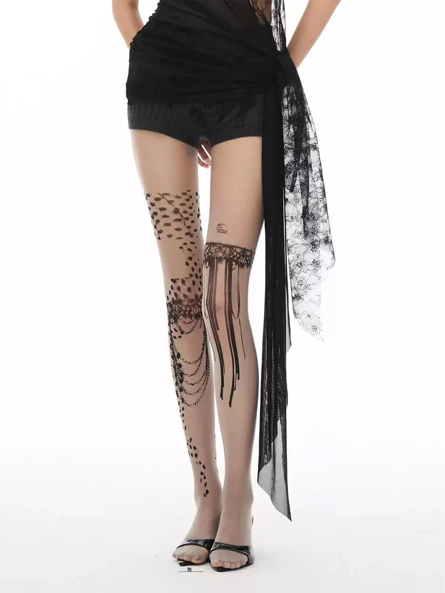 Popoop | Asymmetric Lace Print Sheer Tights - 2