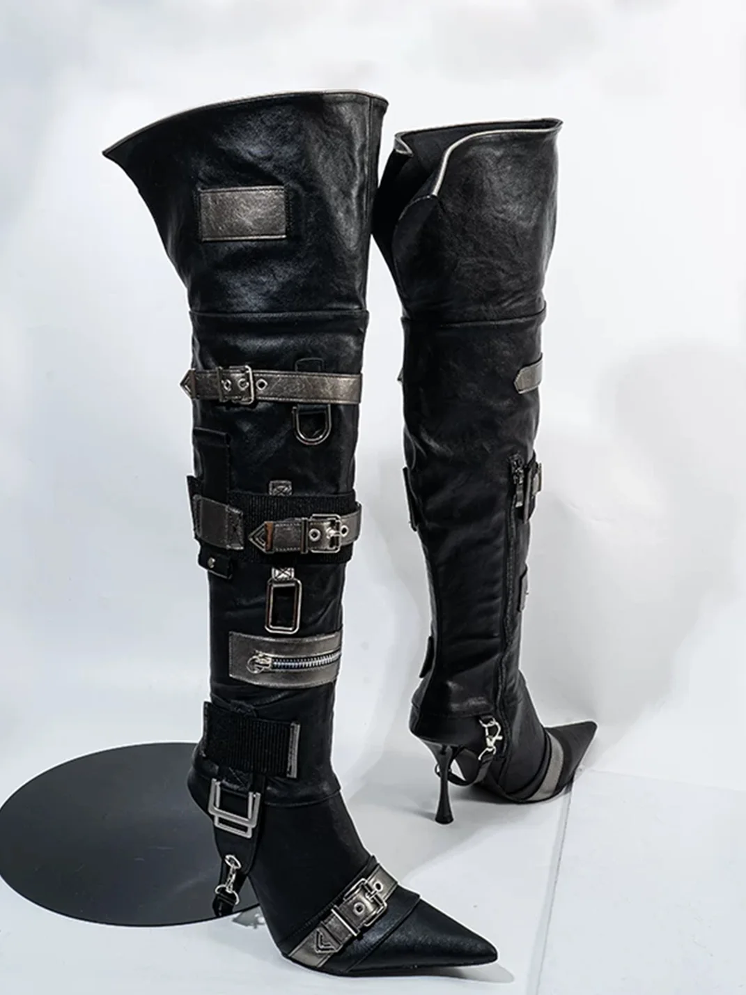 SISTER CURIE | Pointed-Toe Over-the-Knee Metal Buckle Stiletto Boots