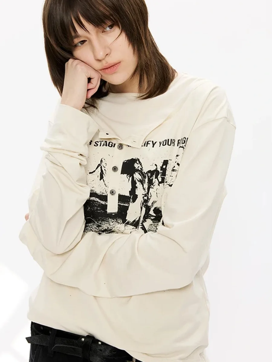 KREATE | Faux-Layered Straight-Shoulder Long-Sleeve Henley T-Shirt - 4