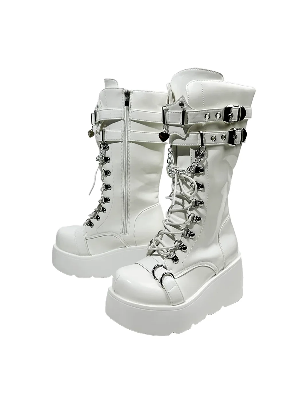 Visual focus | White Punk Lace-Up Tall Biker Boots