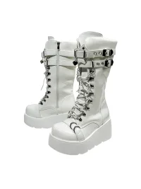 Visual focus | White Punk Lace-Up Tall Biker Boots