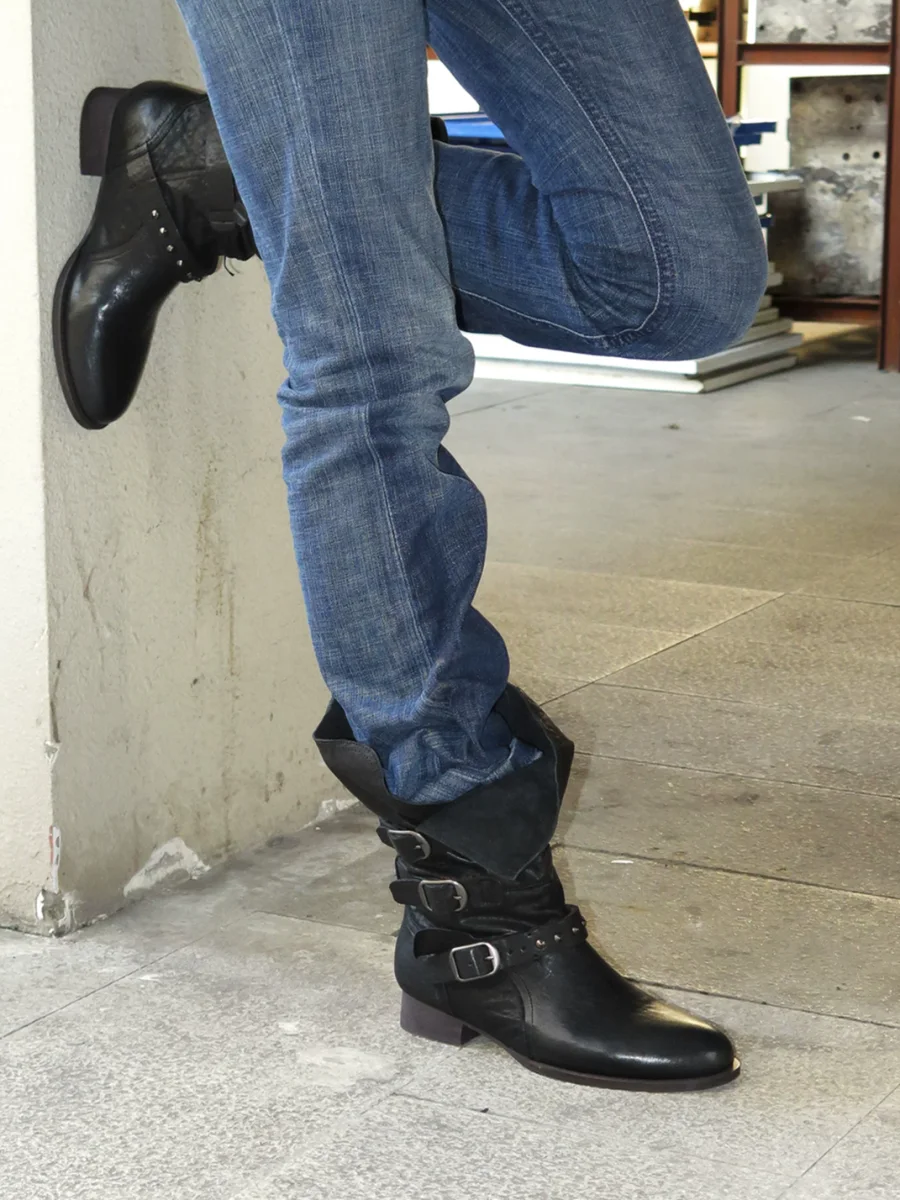 Mooreyu Atelier | Vintage Suede Studded Buckle Block Heel Riding Boots - 3