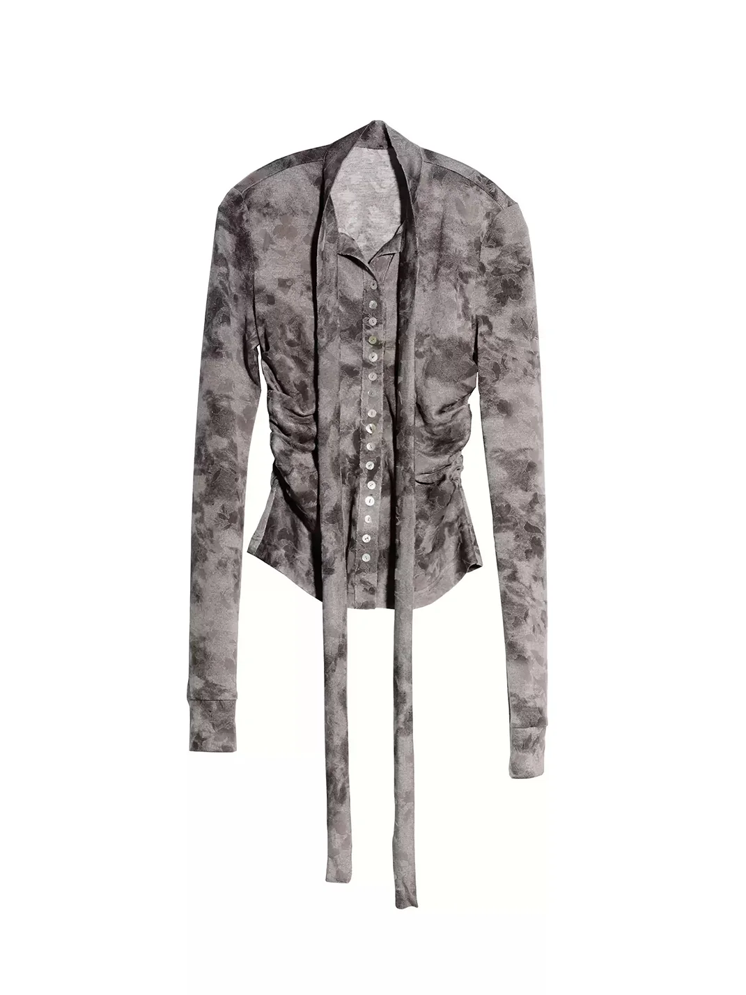 Jnylon studios | Distressed Flocked Print Tie-Neck Long-Sleeve Button Top