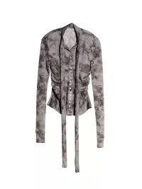Jnylon studios | Distressed Flocked Print Tie-Neck Long-Sleeve Button Top