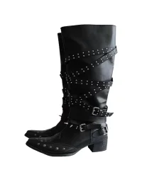 Mooreyu Atelier | Studded Pointed-Toe Block-Heel Leather Tall Boots