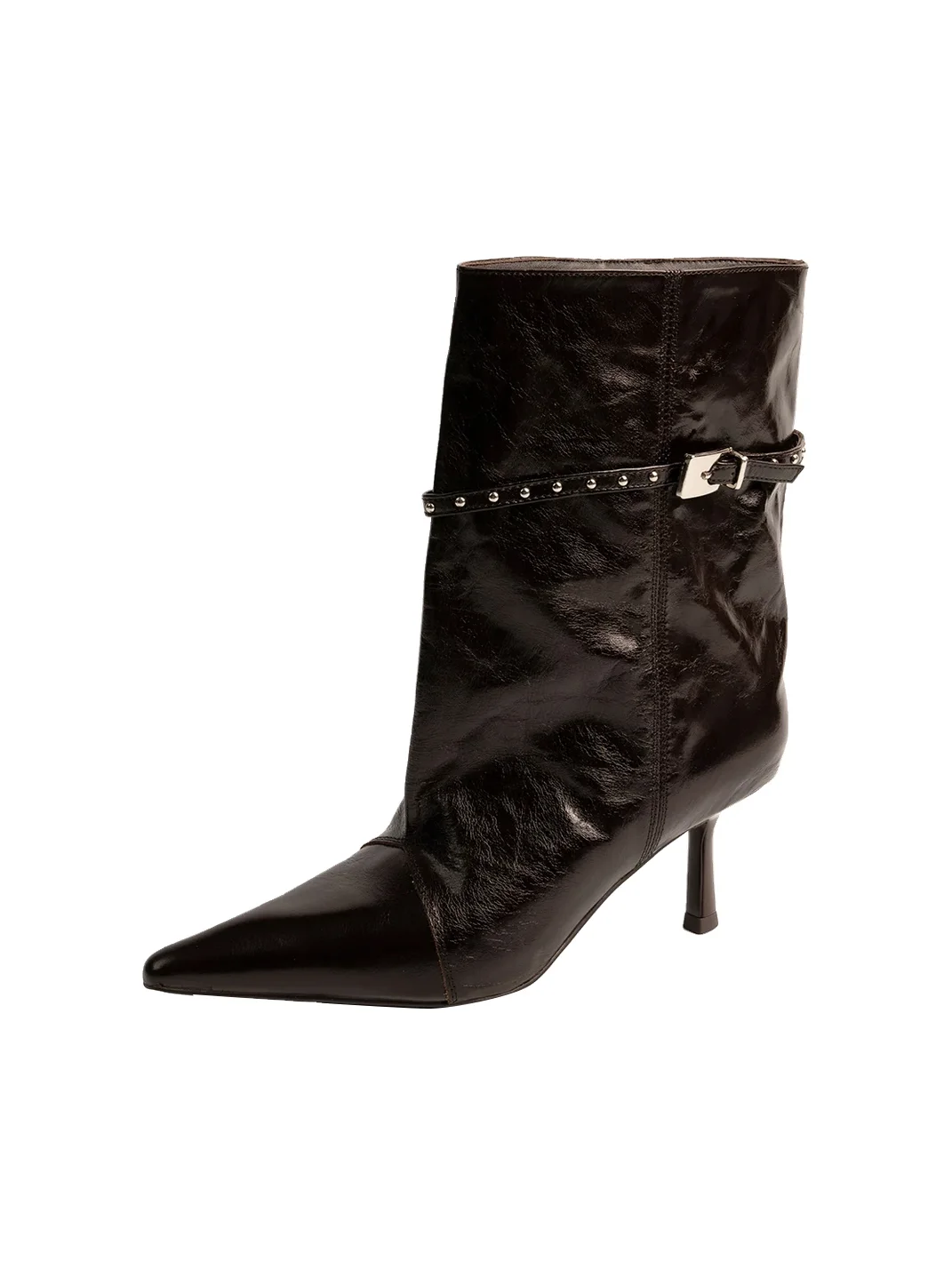 ZHUDAGE | Pointed-Toe Studded Buckle High-Heel Ankle Boots