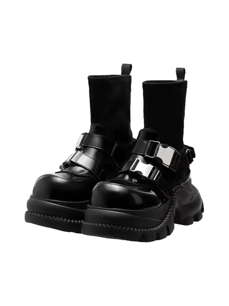 JiangGe | Black Stretch Mary Jane Sock Boots - 4