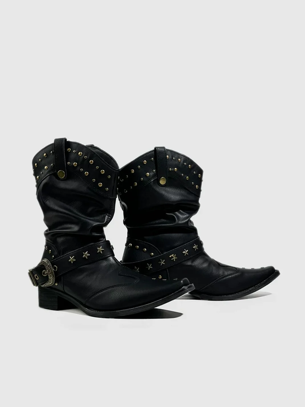 Visual focus | Pointed Toe Studded Buckle Leather Boots