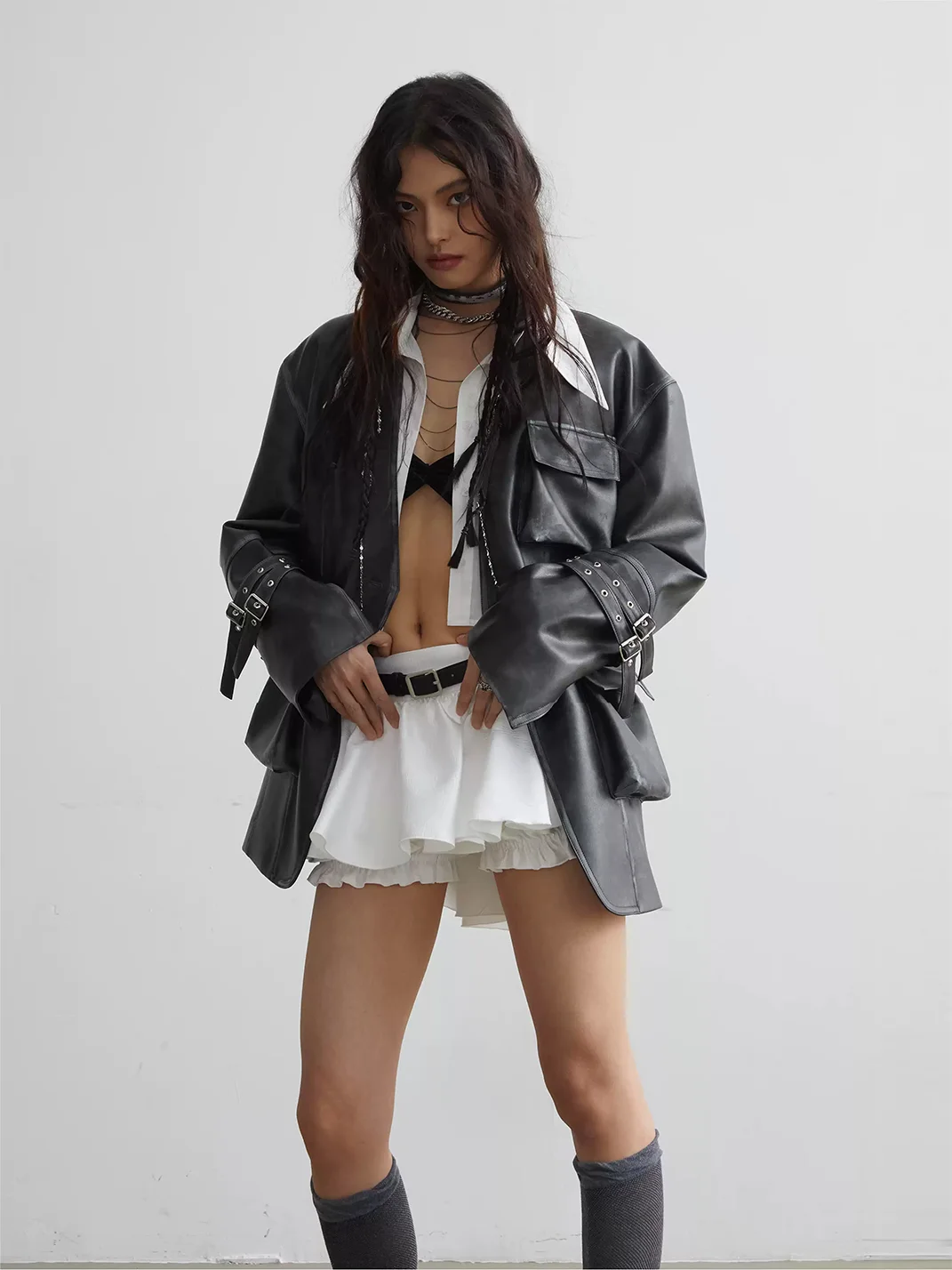 Jnylon studios | Distressed Wide-Shoulder Faux Leather Pocket Jacket