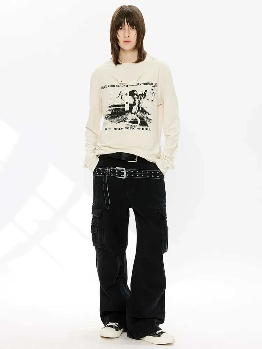 KREATE | Faux-Layered Straight-Shoulder Long-Sleeve Henley T-Shirt