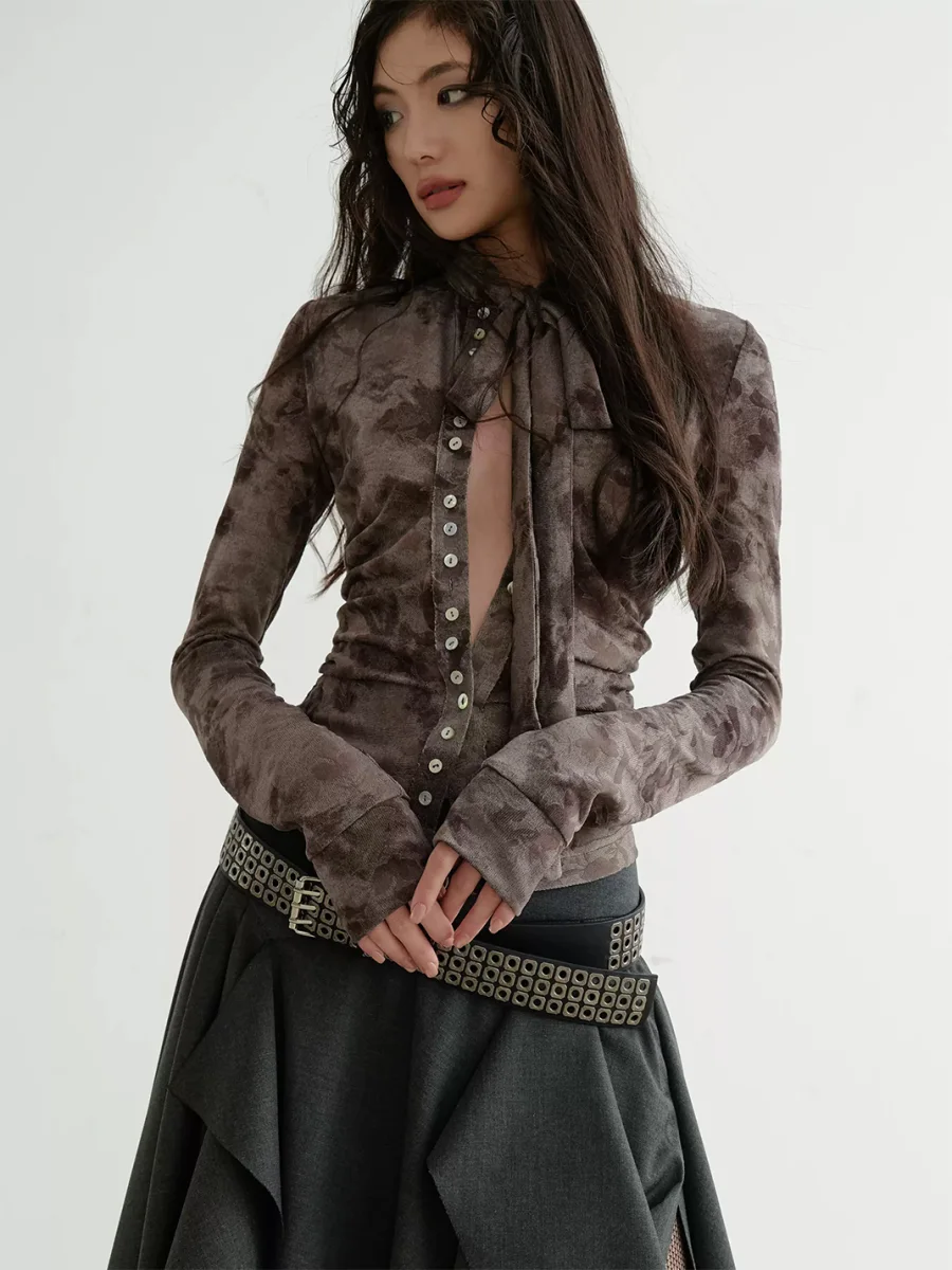 Jnylon studios | Distressed Flocked Print Tie-Neck Long-Sleeve Button Top - 2
