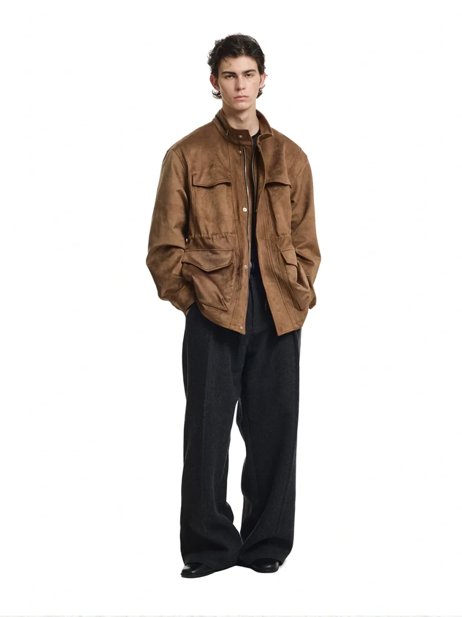 KREATE | Suede-Texture Stand-Collar Multi-Pocket Zip Jacket - 4