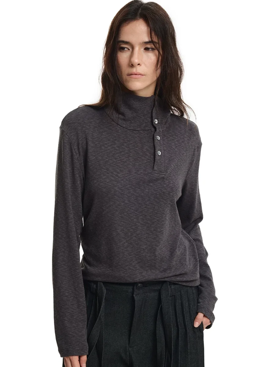 KREATE | Marled Long Sleeve Mock Neck Henley T-Shirt - 4