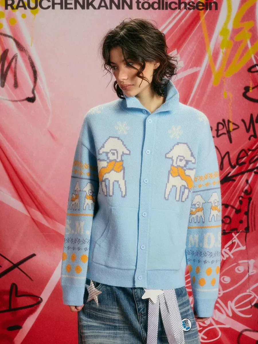 DONSMOKE | Fair Isle Sheep Stand Collar Knit Cardigan - 2