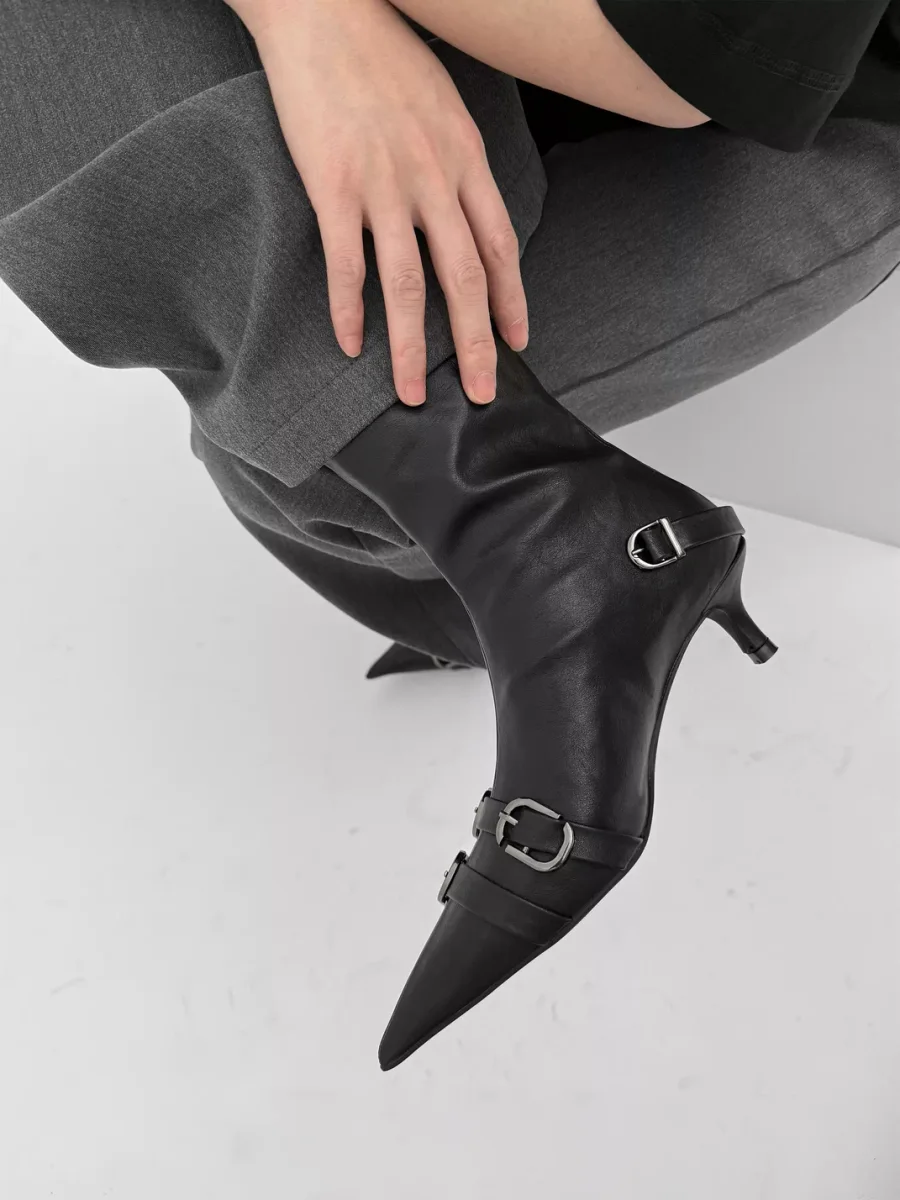 Abstract garden | Pointed-Toe Buckle High-Heel Ankle Boots - 2