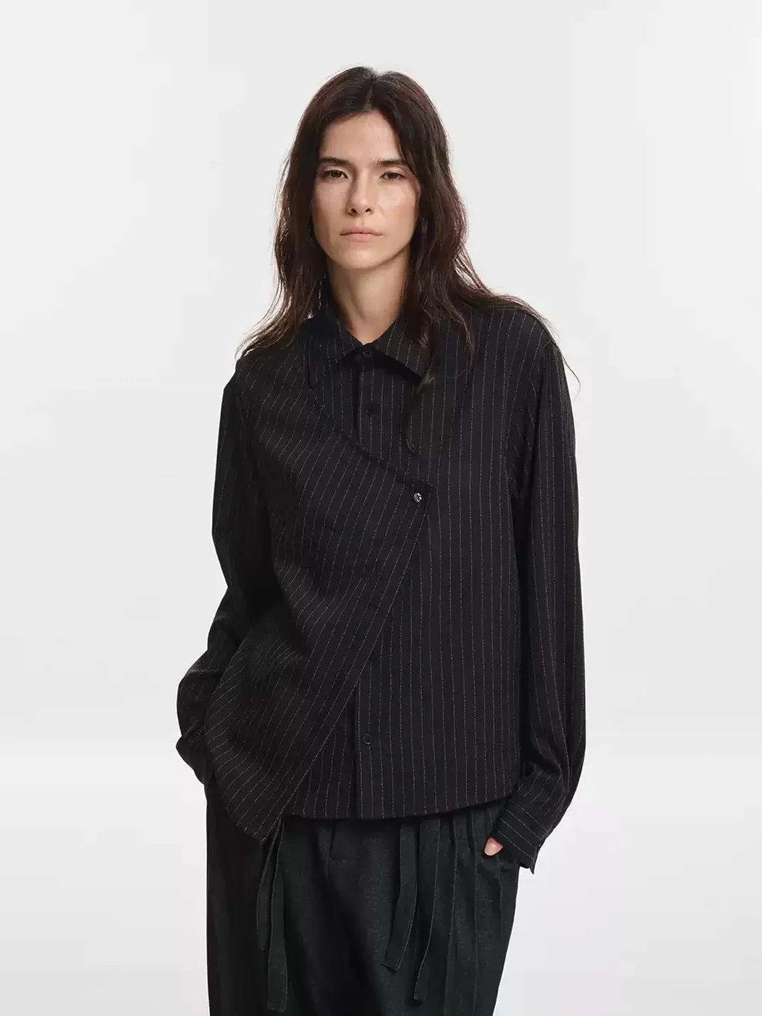 KREATE | Asymmetric Striped Long Sleeve Collared Shirt
