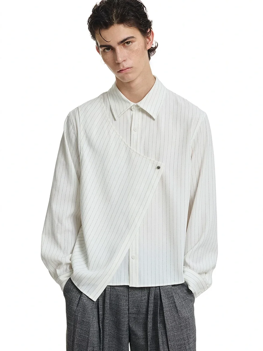 KREATE | Asymmetric Striped Long Sleeve Collared Shirt