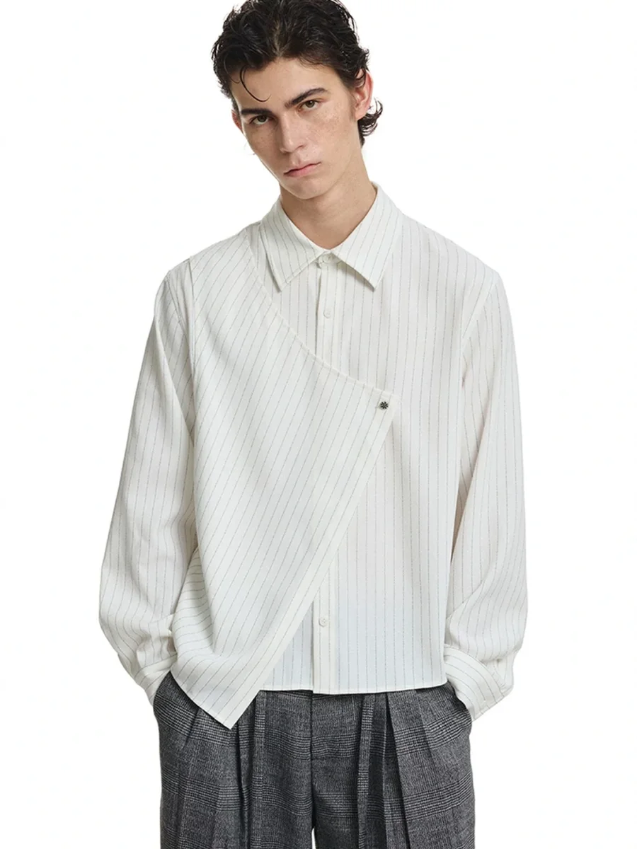 KREATE | Asymmetric Striped Long Sleeve Collared Shirt - 3
