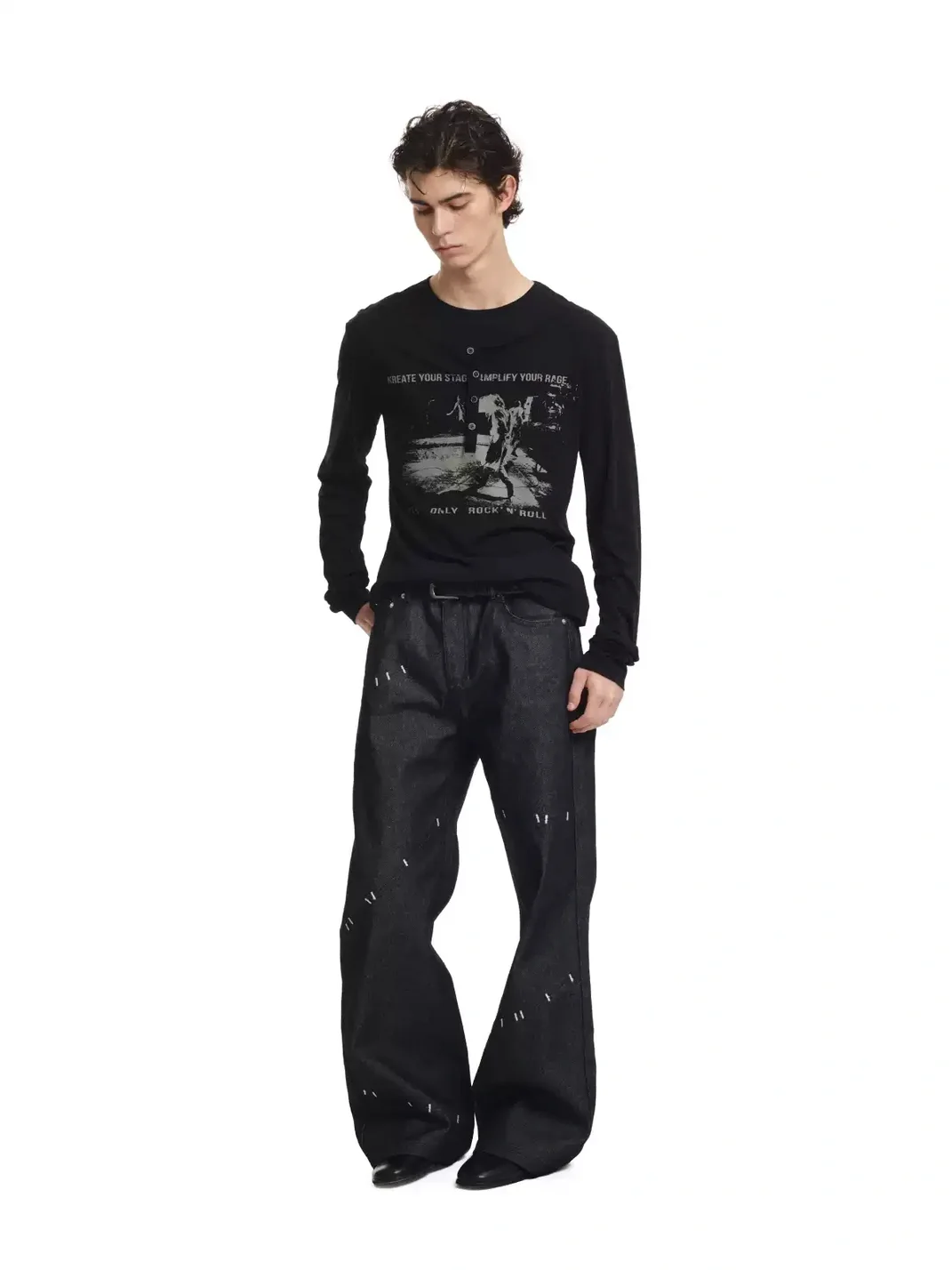 KREATE | Faux-Layered Straight-Shoulder Long-Sleeve Henley T-Shirt