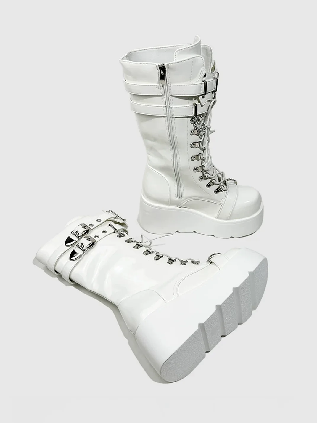 Visual focus | White Punk Lace-Up Tall Biker Boots