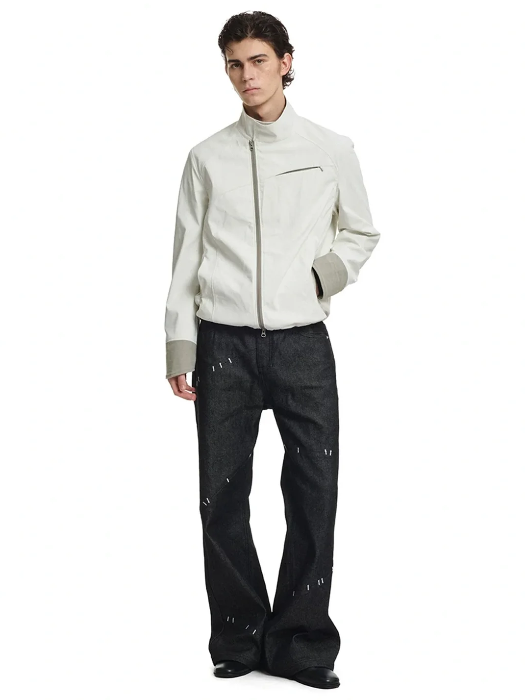 KREATE | Contrast Stand Collar Asymmetric Zip Pocket Jacket