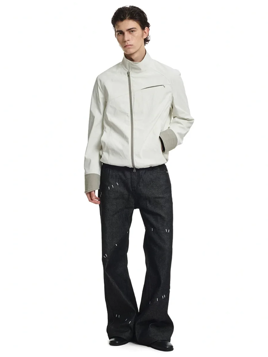KREATE | Contrast Stand Collar Asymmetric Zip Pocket Jacket - 4