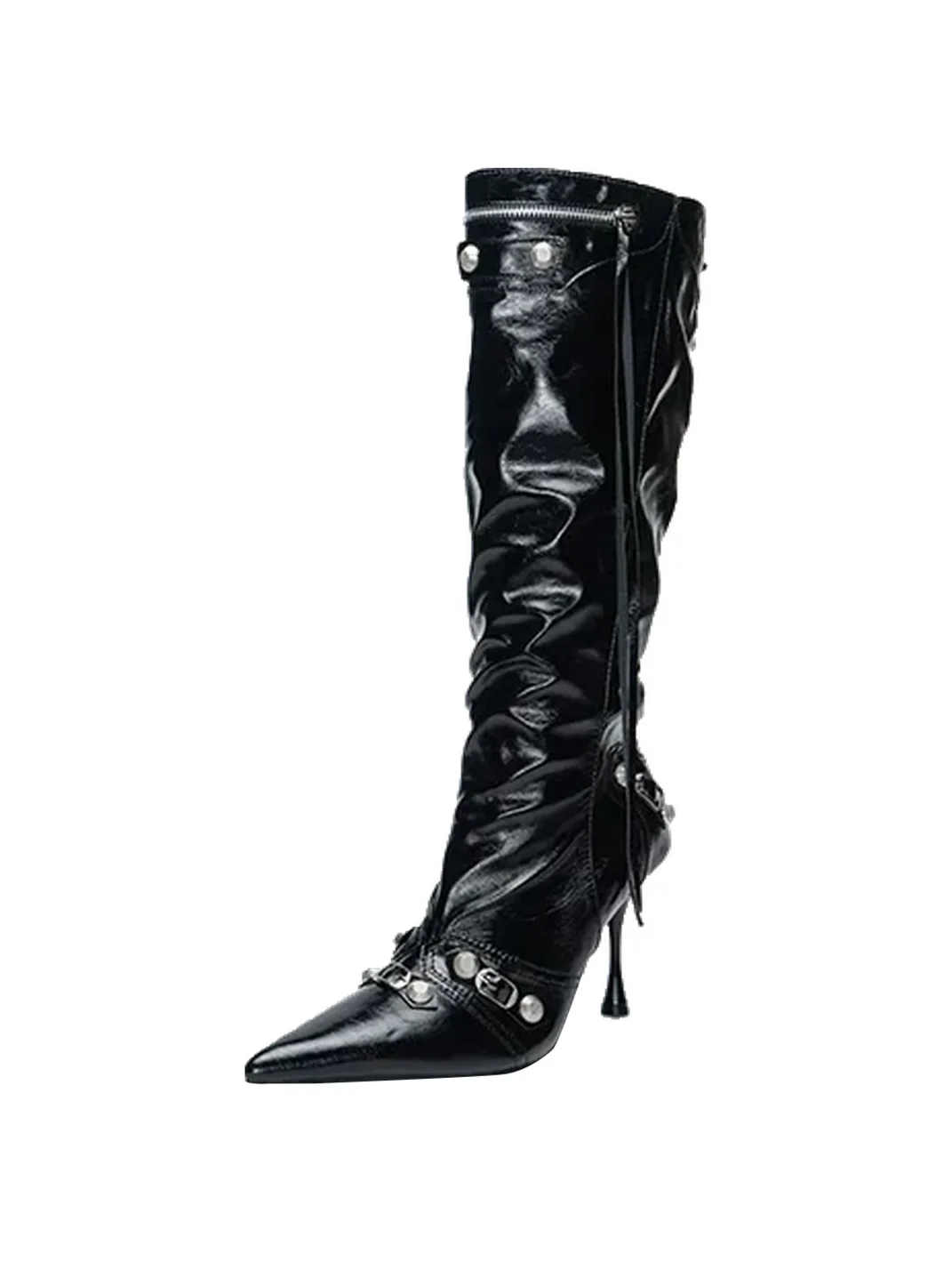 SISTER CURIE | Pointed-Toe Studded Fringe Tall Biker Boots