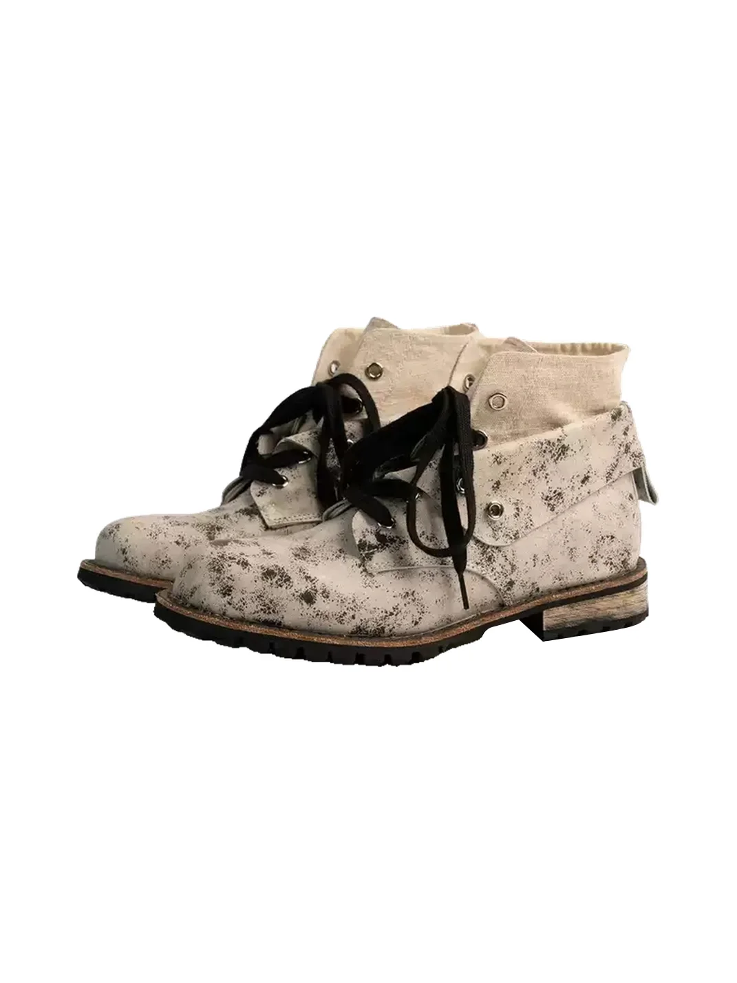 ZHUDAGE | Distressed Leather Fold-Over Lace-Up Ankle Boots