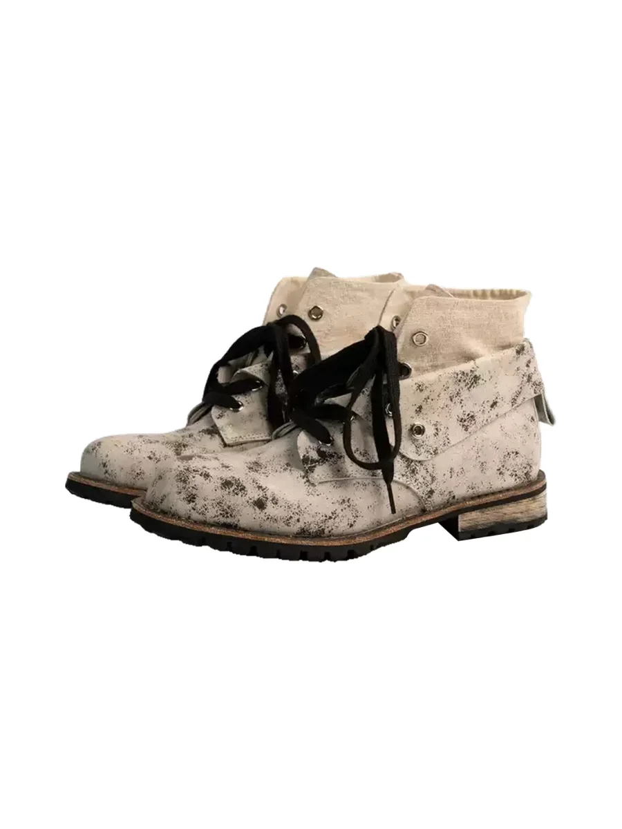 ZHUDAGE | Distressed Leather Fold-Over Lace-Up Ankle Boots - 2