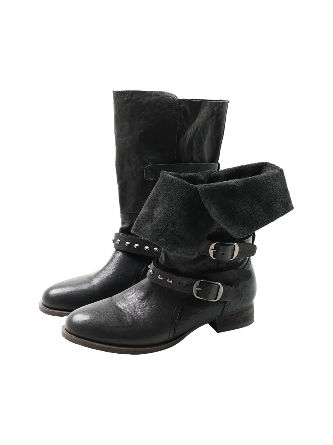 Mooreyu Atelier | Vintage Suede Studded Buckle Block Heel Riding Boots