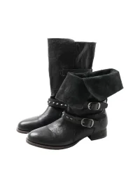 Mooreyu Atelier | Vintage Suede Studded Buckle Block Heel Riding Boots