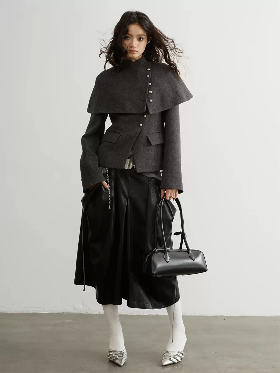 Jnylon studios | Pleated Faux Leather Wide-Leg Shorts With Dimensional Pockets - 2