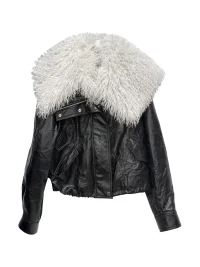 Jnylon studios | Retro Faux Leather Jacket With Detachable Oversized Collar