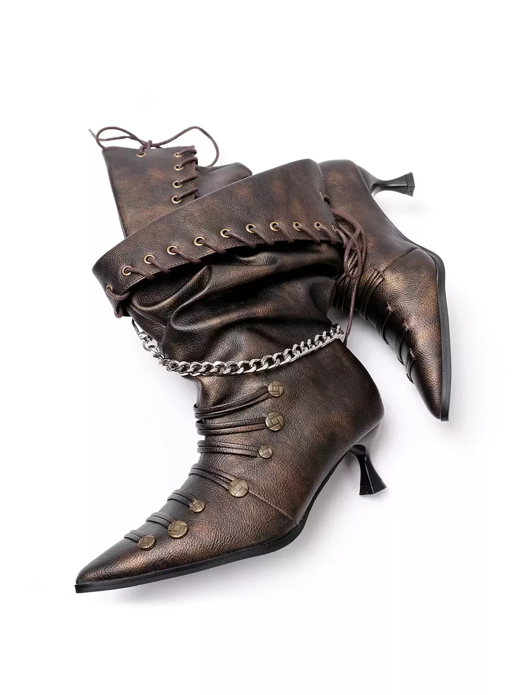 PINJIAHUI | Pointed-Toe Slouchy Lace-Up Buckle Mid-Calf Boots