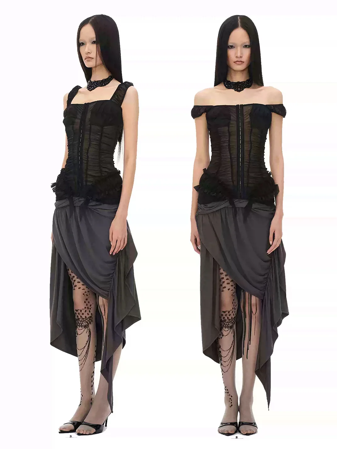 Popoop | Asymmetric Lace Print Sheer Tights