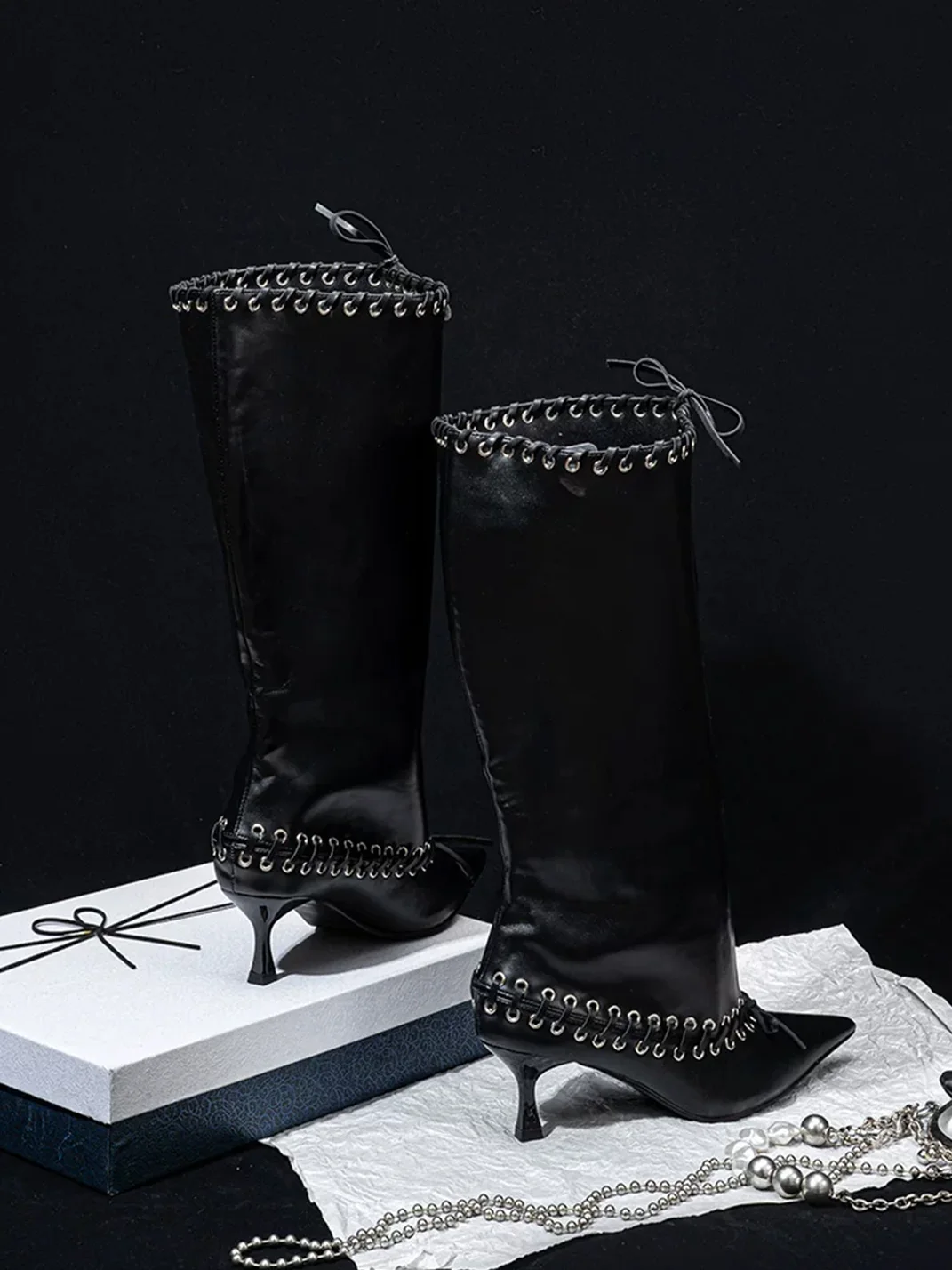 SISTER CURIE | Studded Pointed-Toe Lace-Up Wide-Shaft Slim-Heel Tall Boots