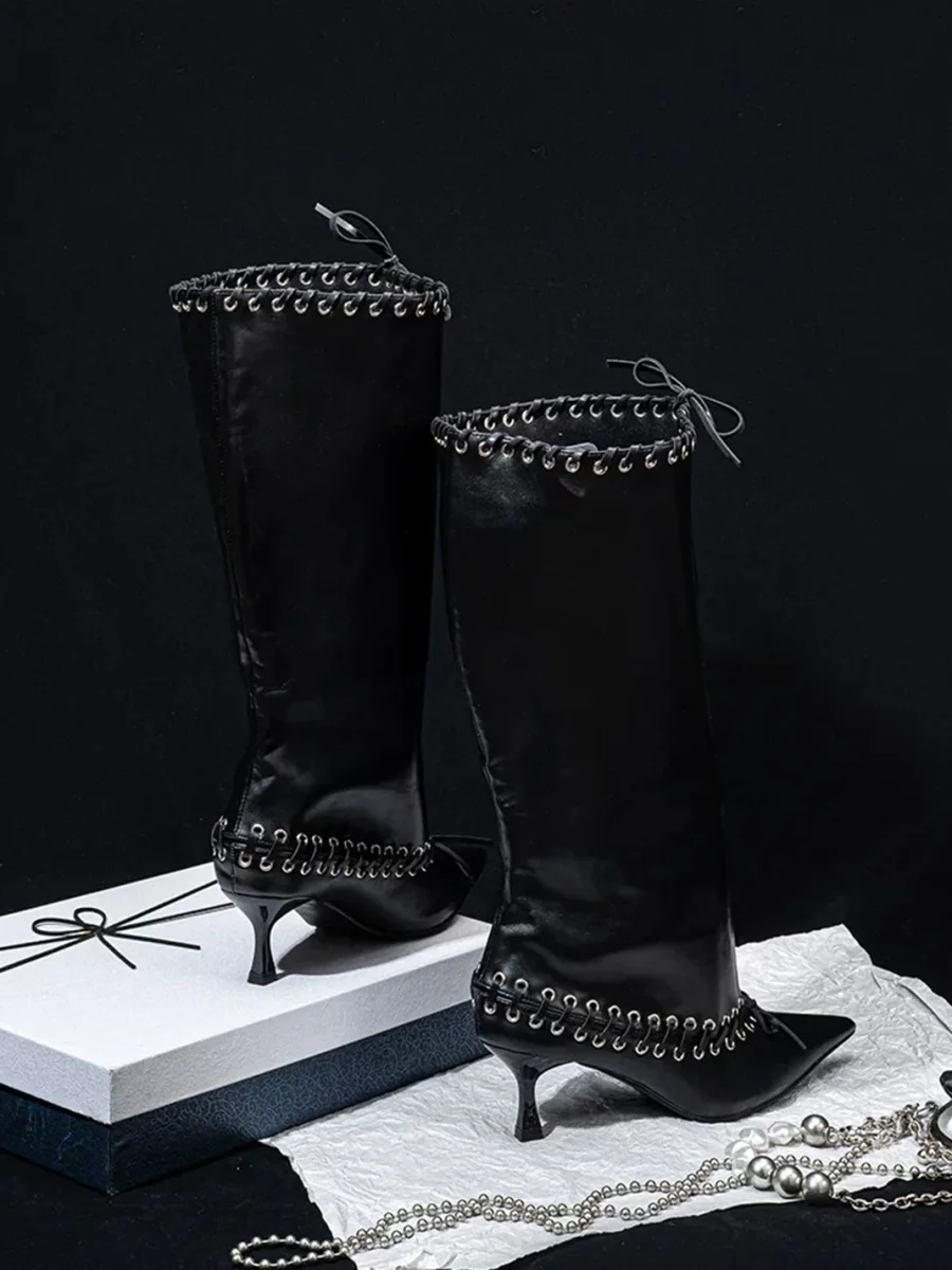 SISTER CURIE | Studded Pointed-Toe Lace-Up Wide-Shaft Slim-Heel Tall Boots - 4