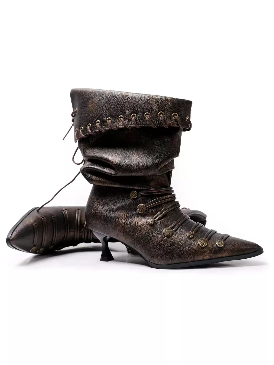PINJIAHUI | Pointed-Toe Slouchy Lace-Up Buckle Mid-Calf Boots