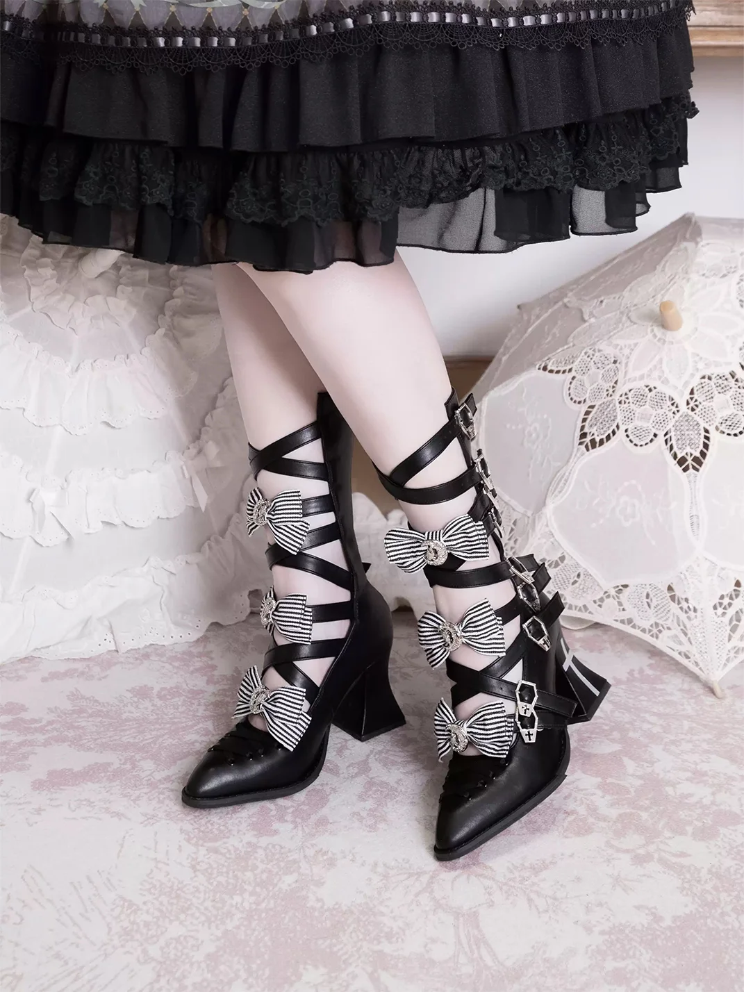 NRose | Gothic Cross Strappy Pointed-Toe Cutout High-Heeled Boots