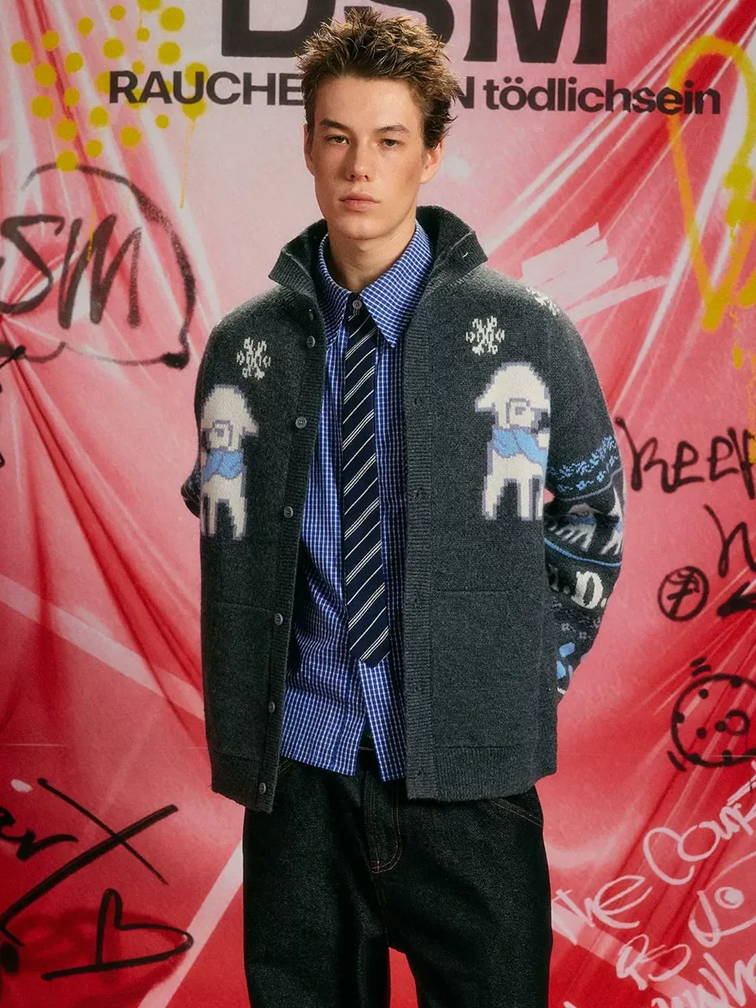 DONSMOKE | Fair Isle Sheep Stand Collar Knit Cardigan