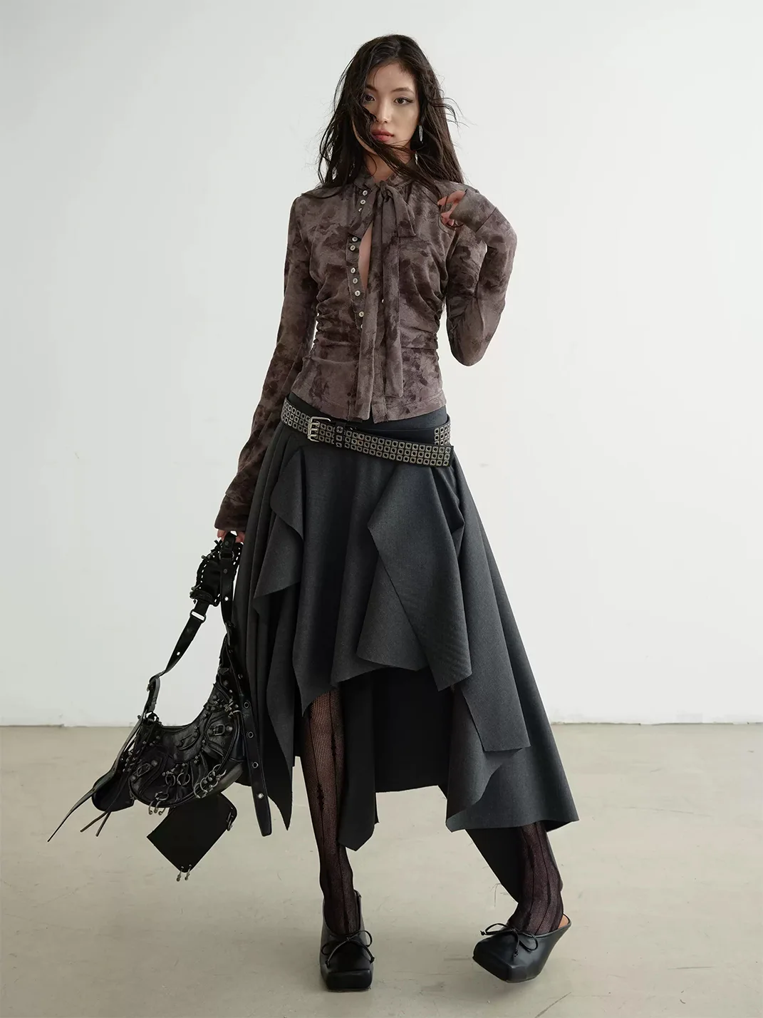 Jnylon studios | Distressed Flocked Print Tie-Neck Long-Sleeve Button Top