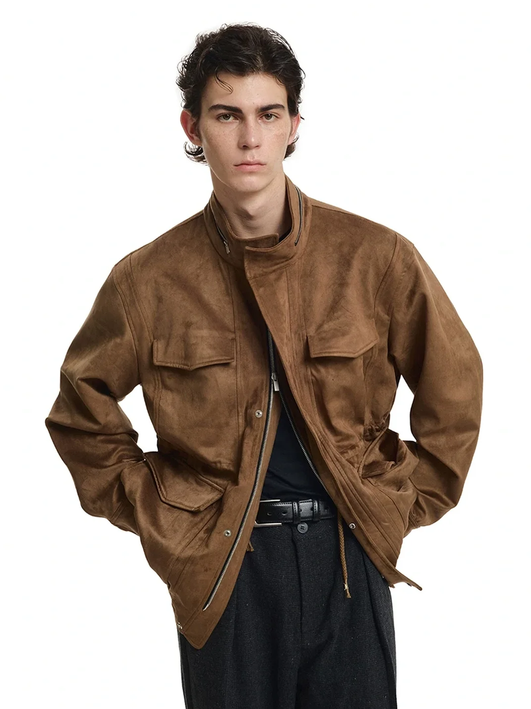 KREATE | Suede-Texture Stand-Collar Multi-Pocket Zip Jacket