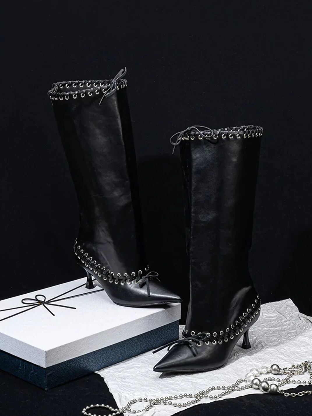 SISTER CURIE | Studded Pointed-Toe Lace-Up Wide-Shaft Slim-Heel Tall Boots