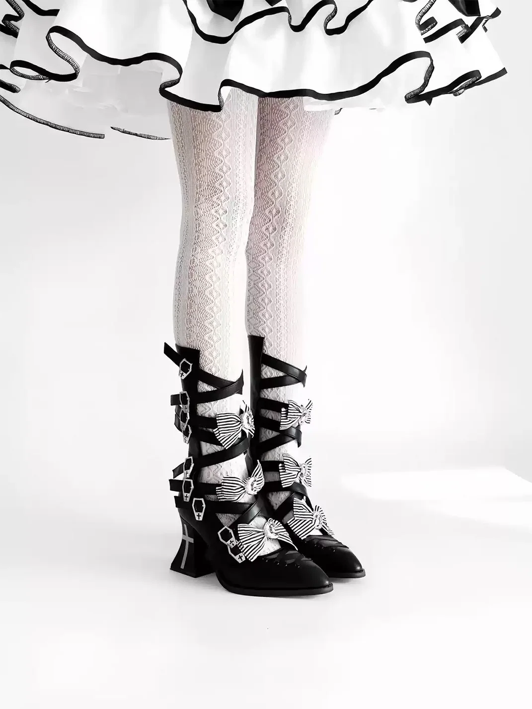 NRose | Gothic Cross Strappy Pointed-Toe Cutout High-Heeled Boots