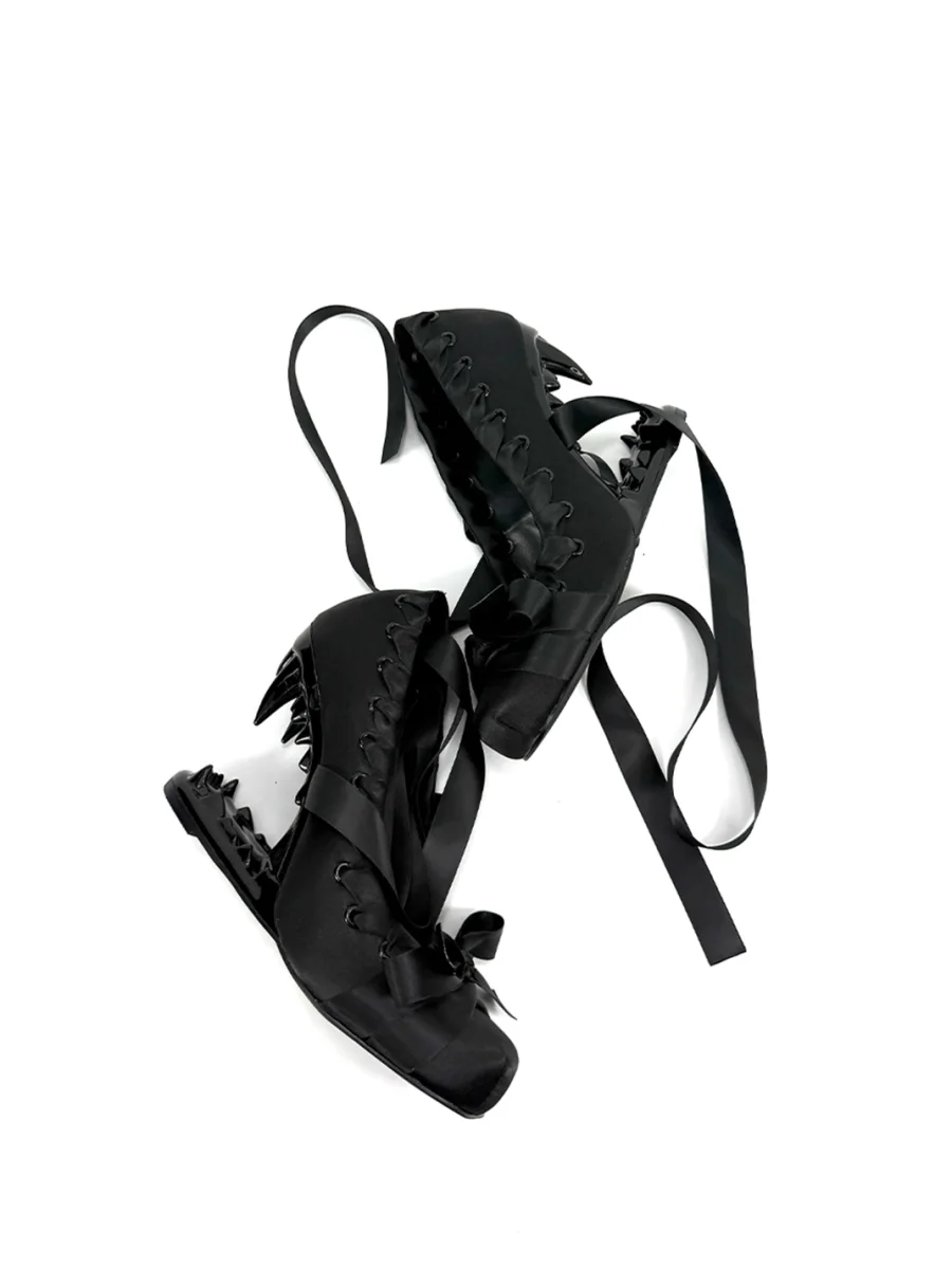 Dolly Bae | Gothic Satin Square-Toe Lace-Up Bow Fang Heels - 2