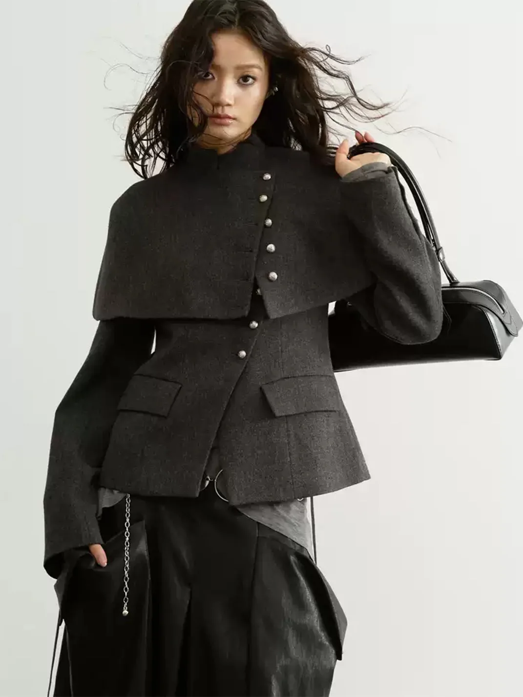 Jnylon studios | Two-Piece Dark Gray Detachable Cape Short Jacket